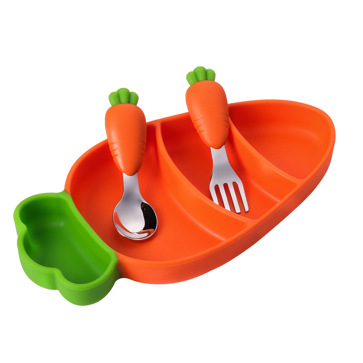 Silicon Suction Plate for Baby, Toddler Plate with Spoon Fork set, BPA Free Divided Plate, Divided Plate Design, Silicone Grip Dish Microwave & Dishwasher Safe (Carrot Plate Set)