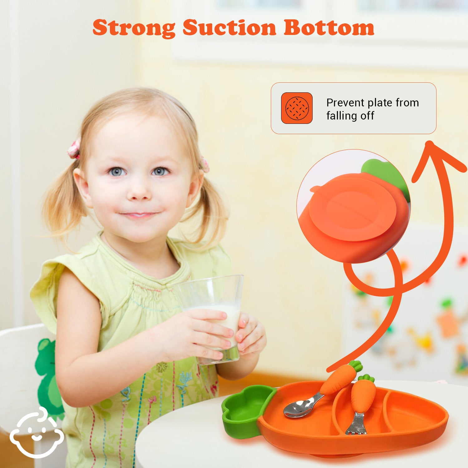 Silicon Suction Plate for Baby, Toddler Plate with Spoon Fork set, BPA Free Divided Plate, Divided Plate Design, Silicone Grip Dish Microwave & Dishwasher Safe (Carrot Plate Set)