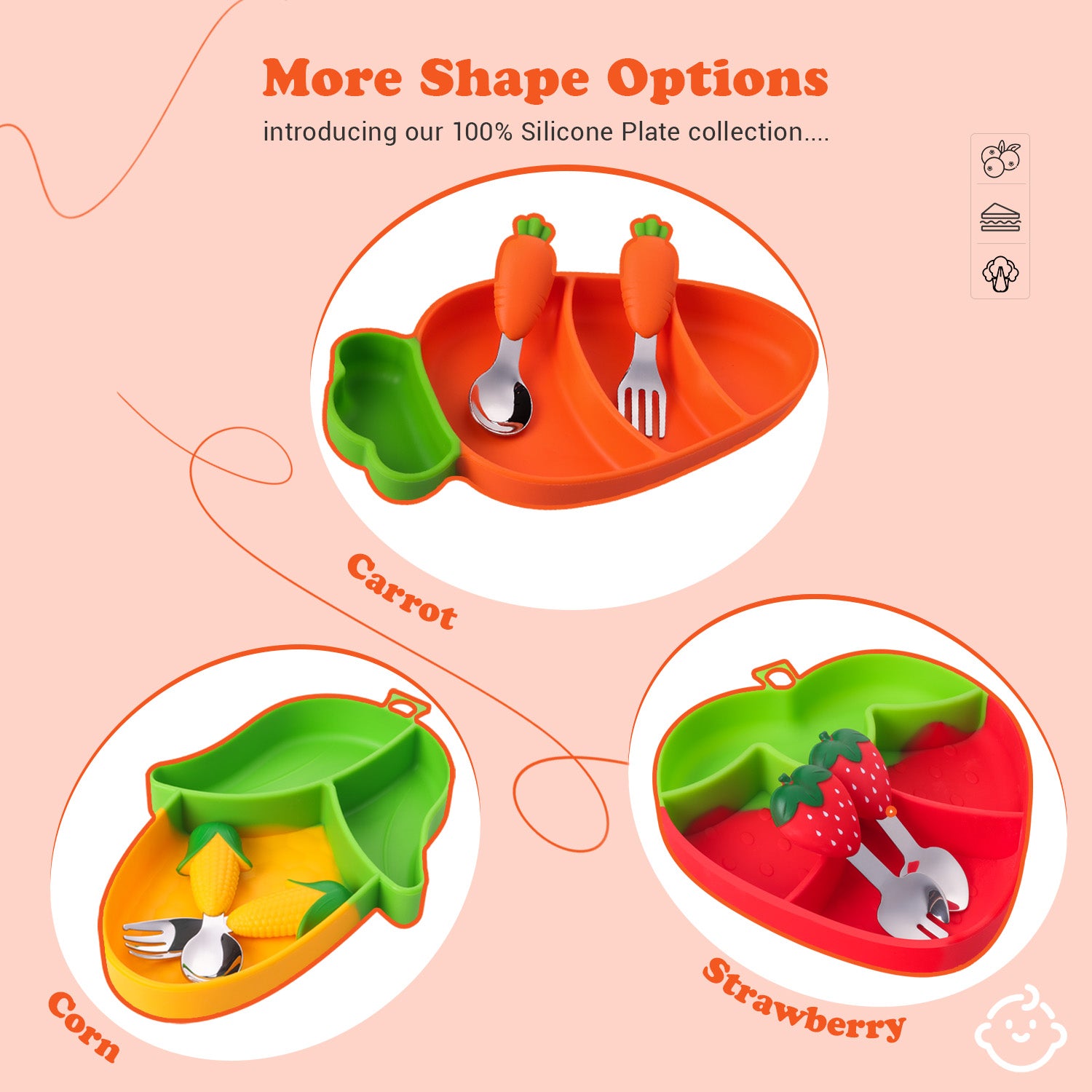 Silicon Suction Plate for Baby, Toddler Plate with Spoon Fork set, BPA Free Divided Plate, Divided Plate Design, Silicone Grip Dish Microwave & Dishwasher Safe (Carrot Plate Set)