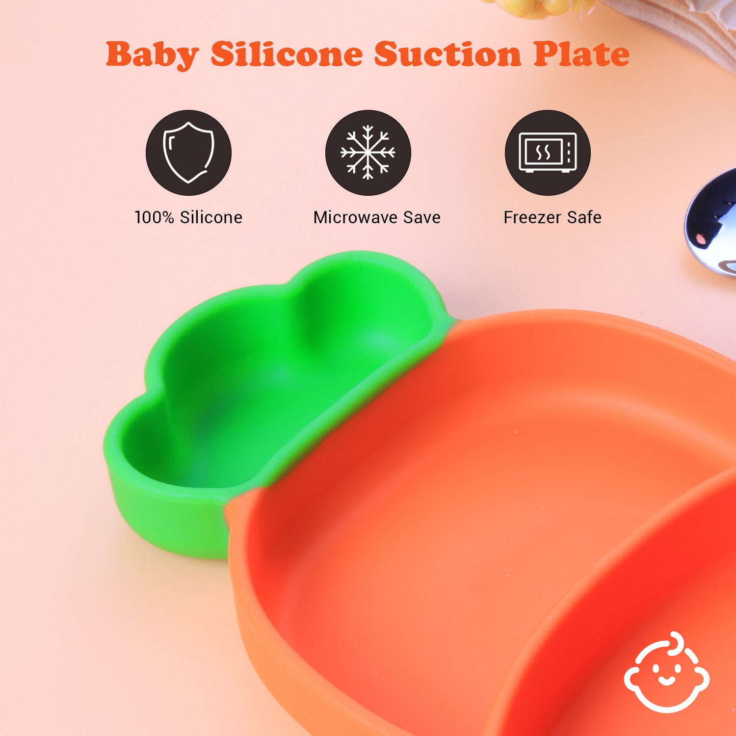 Silicon Suction Plate for Baby, Toddler Plate with Spoon Fork set, BPA Free Divided Plate, Divided Plate Design, Silicone Grip Dish Microwave & Dishwasher Safe (Carrot Plate Set)