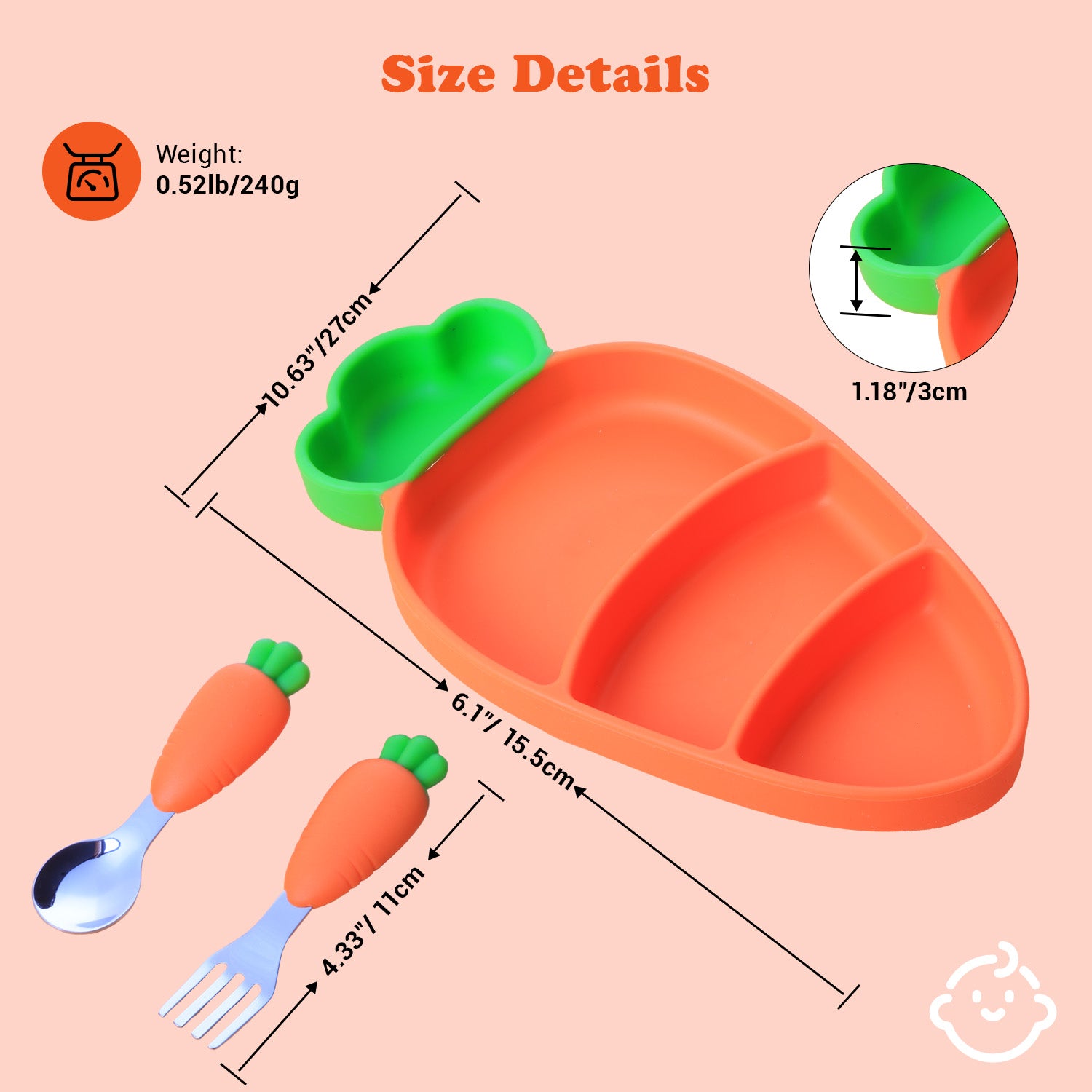 Silicon Suction Plate for Baby, Toddler Plate with Spoon Fork set, BPA Free Divided Plate, Divided Plate Design, Silicone Grip Dish Microwave & Dishwasher Safe (Carrot Plate Set)